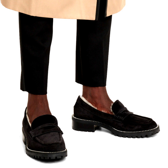 Jimmy Choo 9 CRYSTAL Suede Loafers SHEARLING LINED Chunky Lug Sole Deanna Black - Picture 3 of 10